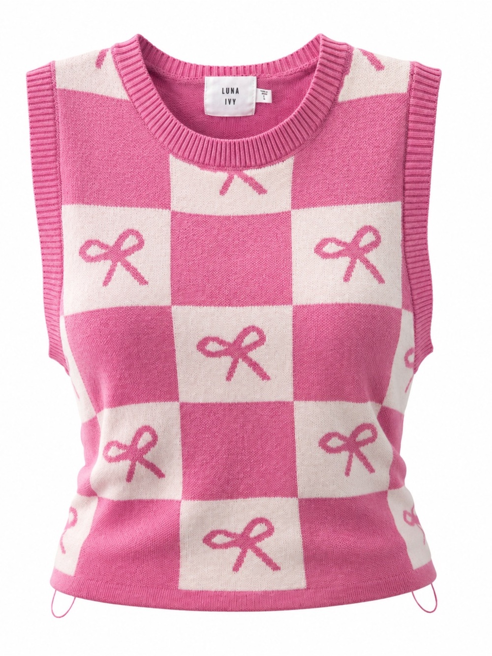 Luna Ivy Pink Checker Knit Vest with Bow Pattern